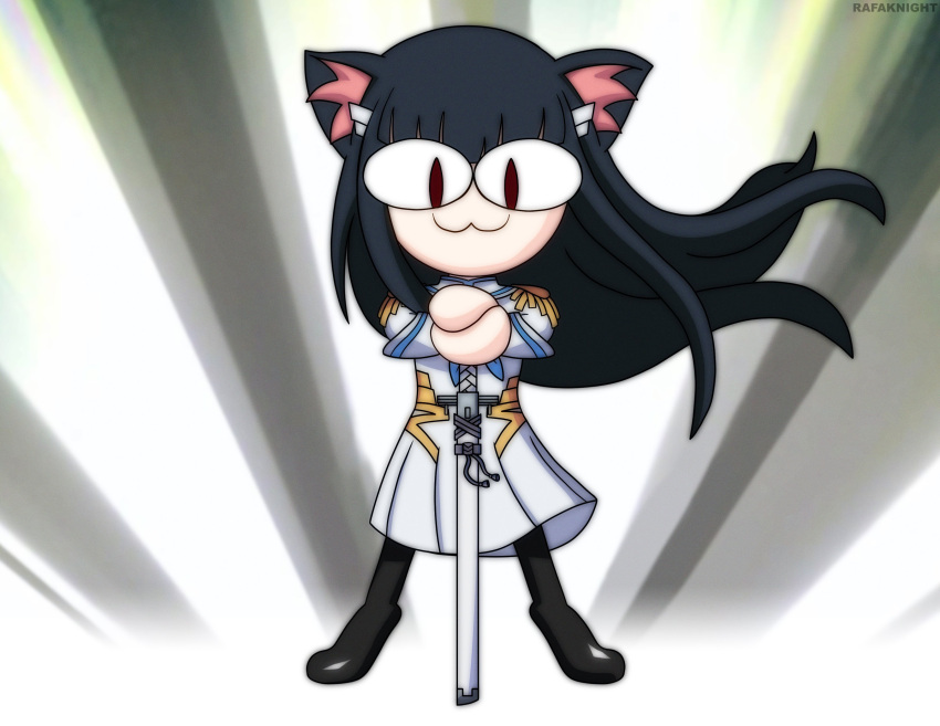 1girl, :3, absurdres, animal_ears, black_hair, black_legwear, cat_ears, dress, hair_blowing, highres, junketsu, katana, kill_la_kill, kiryuuin_satsuki, long_hair, nekoarc, rafaknight, sheath, slit_pupils, sword, tassel, tsukihime, voice_actor_connection, weapon, white_dress, yuzuki_ryouka