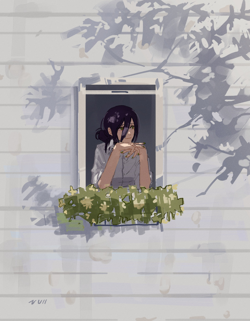 1girl, artist_name, chainsaw_man, closed_mouth, commentary, elbow_rest, from_outside, green_nails, hair_bun, head_on_hand, highres, light_smile, null_(skev7724), plant, purple_hair, reze_(chainsaw_man), shirt, sleeves_rolled_up, solo, upper_body, white_shirt, window, window_box