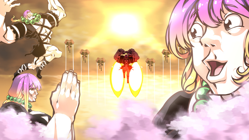 2girls, ajirogasa, anatomical_nonsense, bangs, beads, black_eyes, black_footwear, blonde_hair, blue_skirt, boots, closed_mouth, clouds, commentary_request, cross-laced_clothes, dress, full_body, gradient_hair, grey_hair, guilty_gear, hat, highres, hijiri_byakuren, japanese_clothes, jetpack, jewelry, kariginu, layered_dress, long_hair, medium_hair, mononobe_no_futo, multicolored_hair, multiple_girls, multiple_views, muscular, muscular_female, necklace, open_mouth, palms_together, parody, piledriver_(wrestling), pogchamp, pom_pom_(clothes), prayer_beads, puffy_short_sleeves, puffy_sleeves, purple_hair, ribbon-trimmed_sleeves, ribbon_trim, short_sleeves, skirt, sleeves_past_fingers, sleeves_past_wrists, smile, sun, sunyup, tate_eboshi, thigh-highs, thigh_boots, touhou, turtleneck_dress, two-tone_hair, white_dress, wide_sleeves