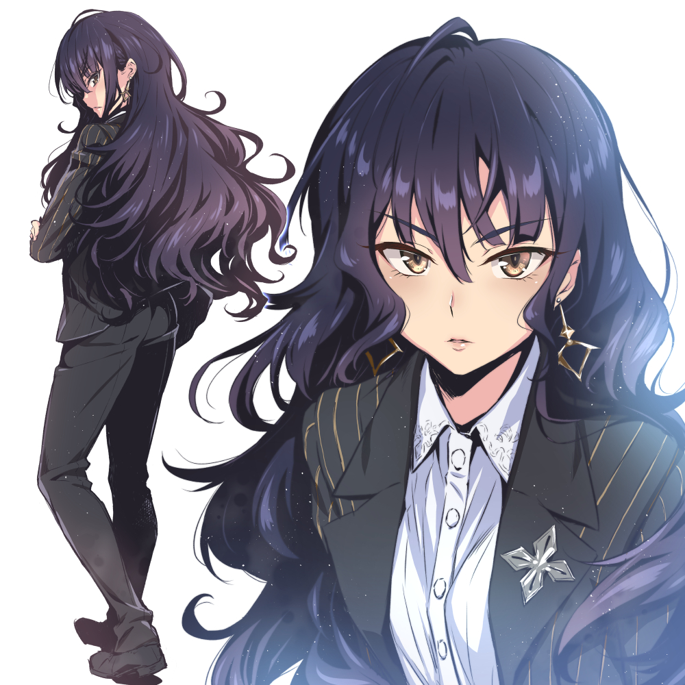1girl, black_hair, black_suit, collared_shirt, earrings, eyebrows_visible_through_hair, formal, hair_between_eyes