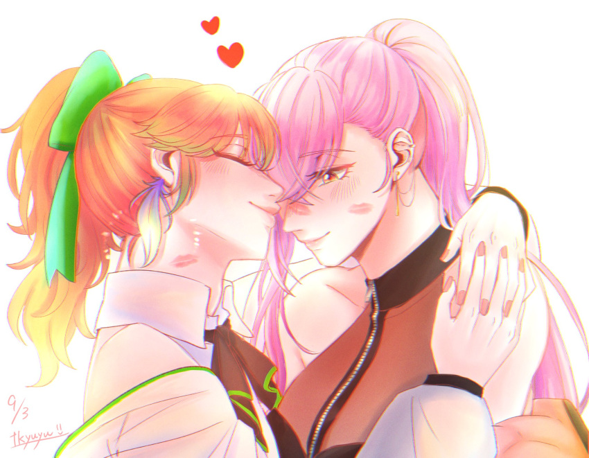 2girls, alternate_costume, alternate_hairstyle, bangs, blush, bow, closed_eyes, couple, earrings, eyebrows_visible_through_hair, feather_earrings, feathers, gradient_hair, highres, hololive, hololive_english, hug, jewelry, kiss, lipstick_mark, mori_calliope, multicolored_hair, multiple_girls, pink_nails, ponytail, siki_222, takanashi_kiara, virtual_youtuber, yuri