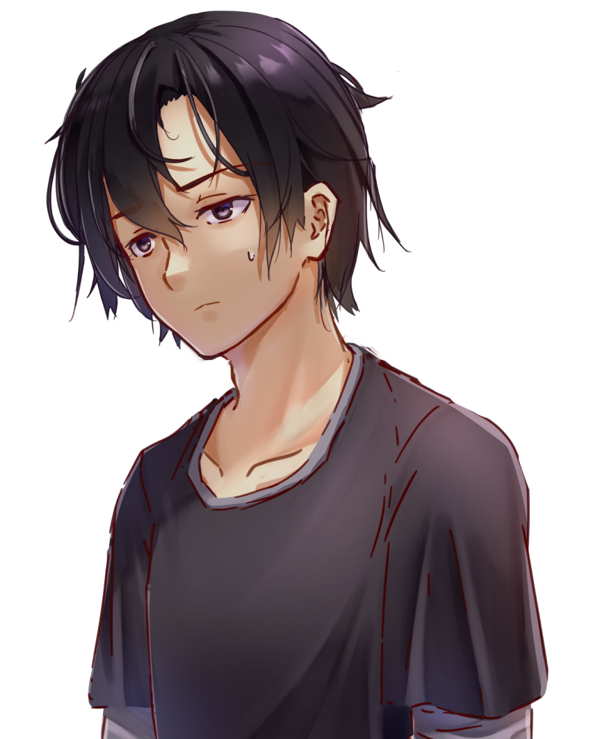 1boy, black_eyes, black_hair, black_shirt, ebel_alfie, expressionless, highres, male_focus, naraku, naraku_2, purgatory_(series), shirt, short_hair, solo, sweatdrop, upper_body