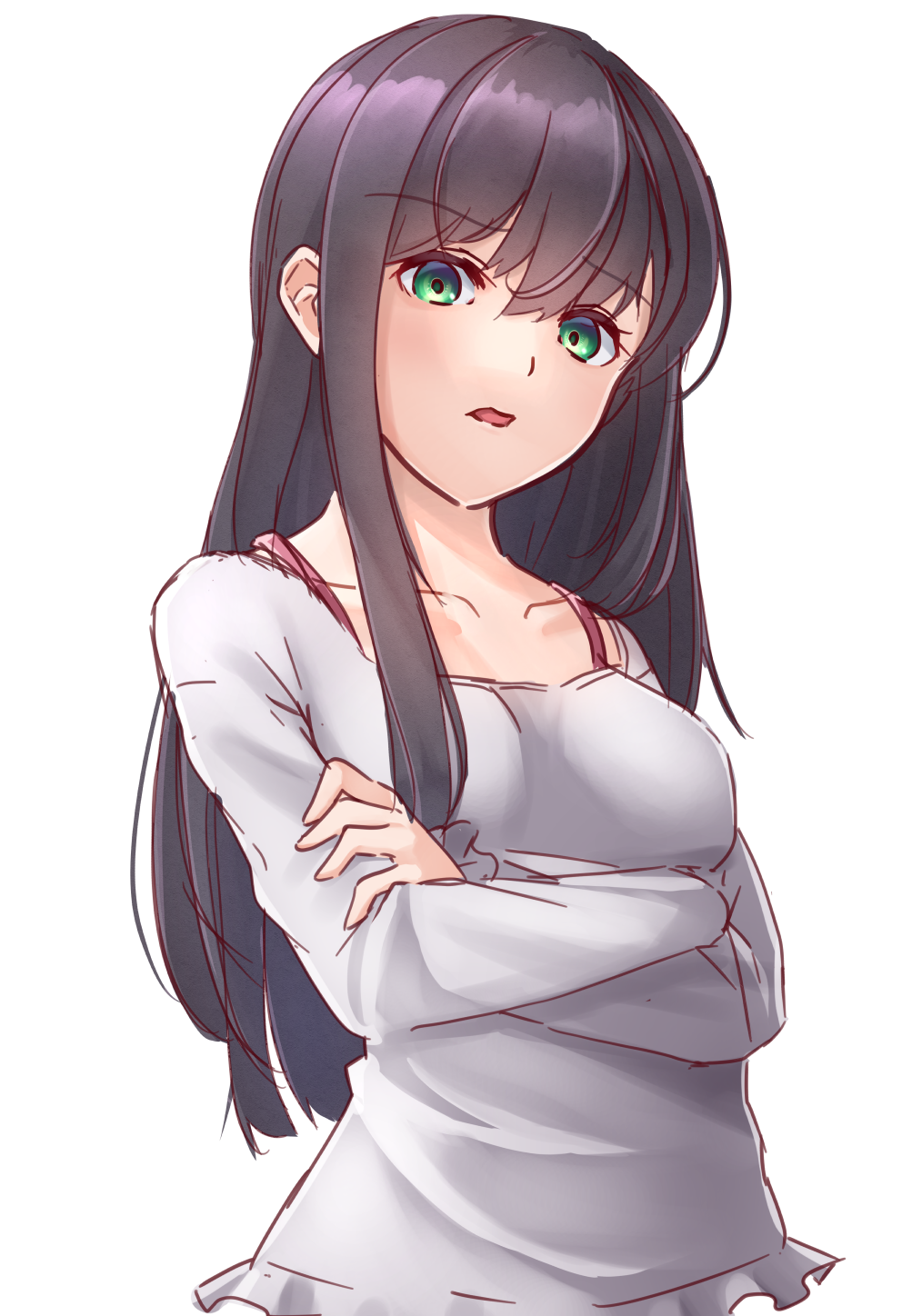 1girl, bangs, black_hair, breasts, collarbone, crossed_arms, emma_s._white, eyebrows
