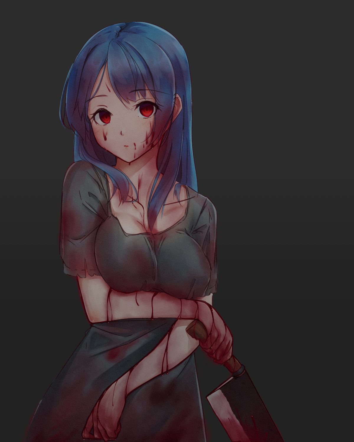 1girl, blood, blood_on_clothes, blood_on_face, blood_on_weapon, blue_hair, cleaver, dress