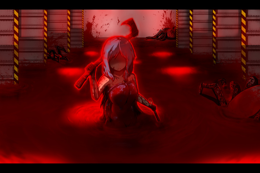 1girl, axe, bare_shoulders, blood, blue_dress, bug, dress, enri_m._louvre