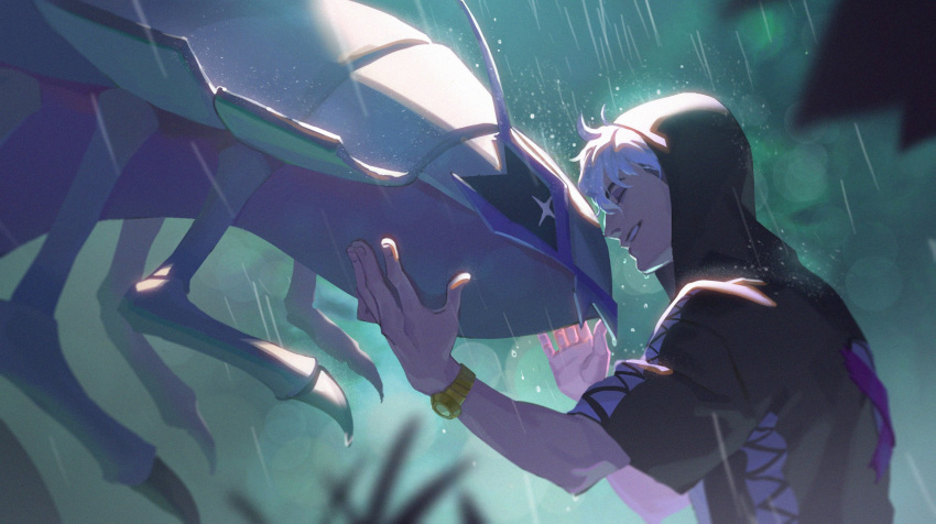 1boy, black_jacket, blurry, commentary_request, from_side, gen_7_pokemon, golisopod, guzma_(pokemon)