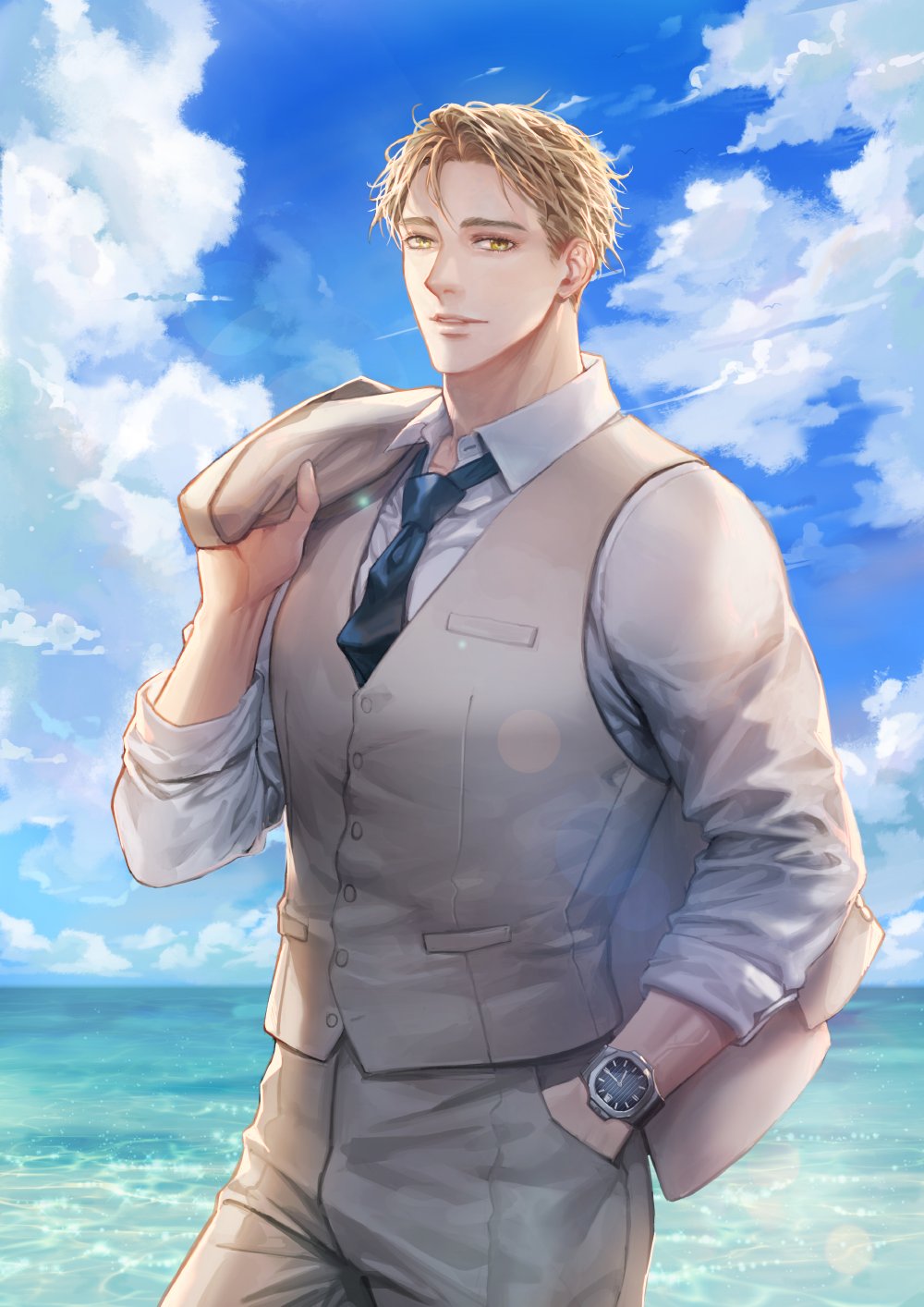 1boy, blonde_hair, brown_jacket, clouds, day, hand_in_pocket, highres, holding