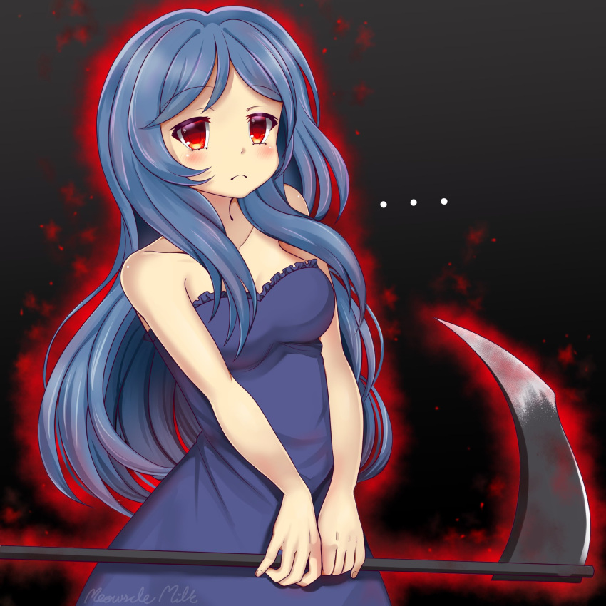 1girl, axe, bare_shoulders, blue_dress, blue_hair, dress, enri_m._louvre, highres