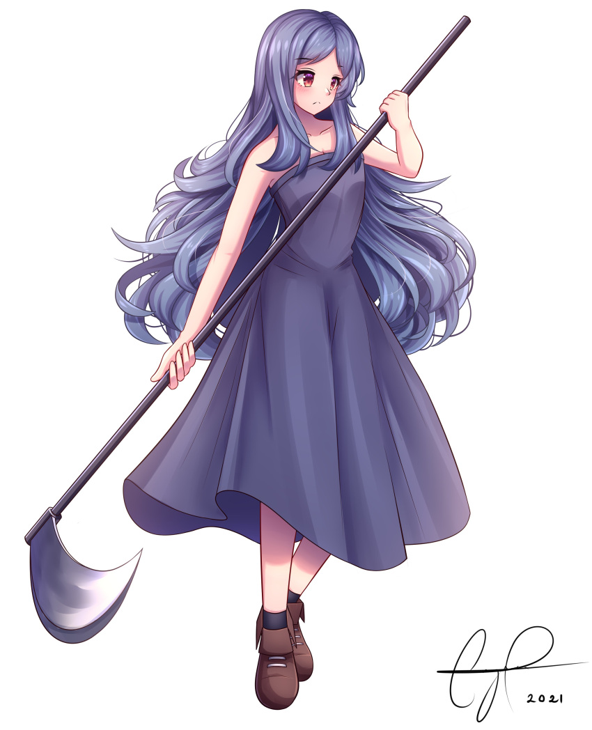 1girl, absurdres, axe, bare_shoulders, blue_dress, blue_hair, dress, enri_m._louvre, evermythic, highres, holding, holding_axe, holding_weapon, long_hair, naraku, naraku_2, purgatory_(series), red_eyes, solo, strapless, weapon
