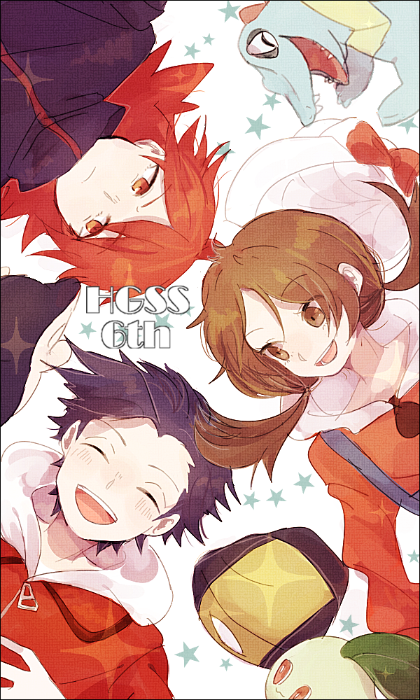 1girl, 2boys, :d, blush, brown_eyes, brown_hair, chikorita, closed_eyes