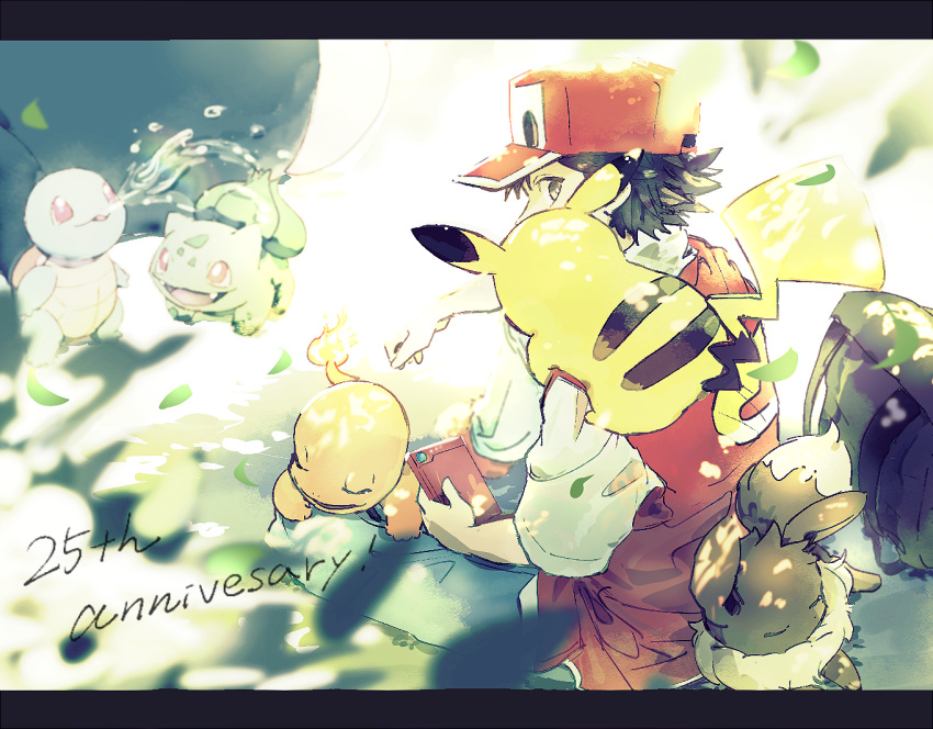 1boy, anniversary, bag, bag_removed, baseball_cap, black_hair, bulbasaur, charmander