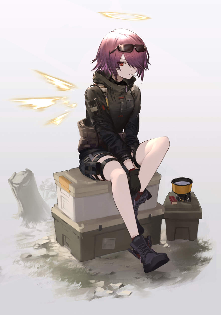 1girl, aizawa_masaya, arknights, black_footwear, black_gloves, black_jacket, black_shorts, boots, cigarette, commentary, detached_wings, energy_wings, english_commentary, exusiai_(arknights), eyewear_on_head, gloves, halo, highres, jacket, long_sleeves, looking_at_viewer, matchbox, red_eyes, redhead, short_hair, shorts, sitting, solo, sunglasses, thigh_pouch, thigh_strap, wings, yellow_wings