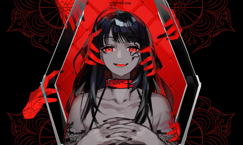 1girl, artist_name, bangs, black_hair, black_nails, coffin, collar, collarbone