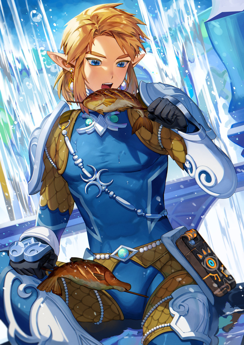 1boy, :d, absurdres, armor, bangs, black_gloves, blonde_hair, blue_bodysuit, blue_eyes, bodysuit, earrings, eating, fish, food, gloves, highres, holding, holding_food, jewelry, link, medium_hair, official_alternate_costume, open_mouth, pointy_ears, sheikah_slate, shoulder_armor, sitting, smile, the_legend_of_zelda, the_legend_of_zelda:_breath_of_the_wild, upper_teeth, water, zora_set_(zelda), zzom_b