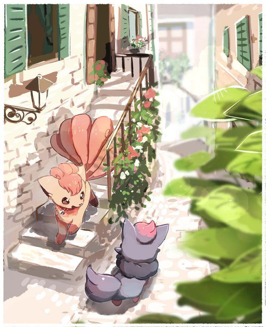 blurry, brown_eyes, building, commentary, day, fence, gen_1_pokemon, gen_5_pokemon