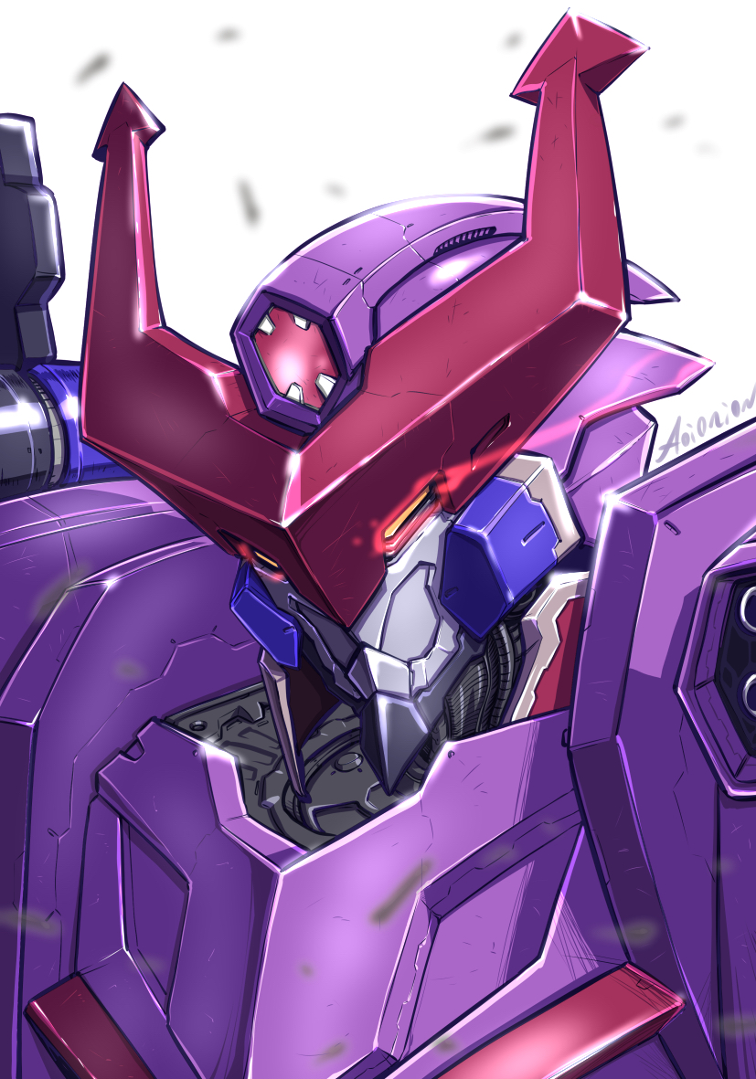 aoi_onion, battle_caesar_robo, kikai_sentai_zenkaiger, looking_ahead, mecha, no_humans, portrait, science_fiction, solo, super_sentai, tokusatsu, v-fin, white_background, yellow_eyes