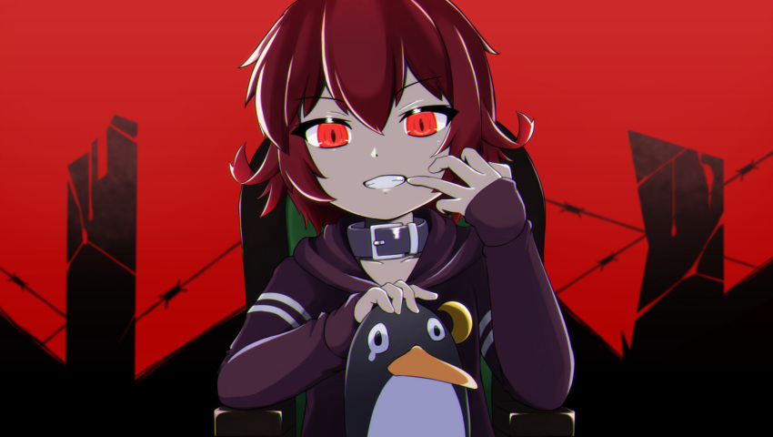 1girl, bird, black_collar, black_hoodie, collar, failure_penguin, highres, hood