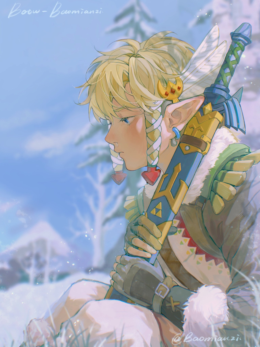 1boy, artist_name, bangs, baomianzi, blonde_hair, blue_eyes, blurry, blurry_background