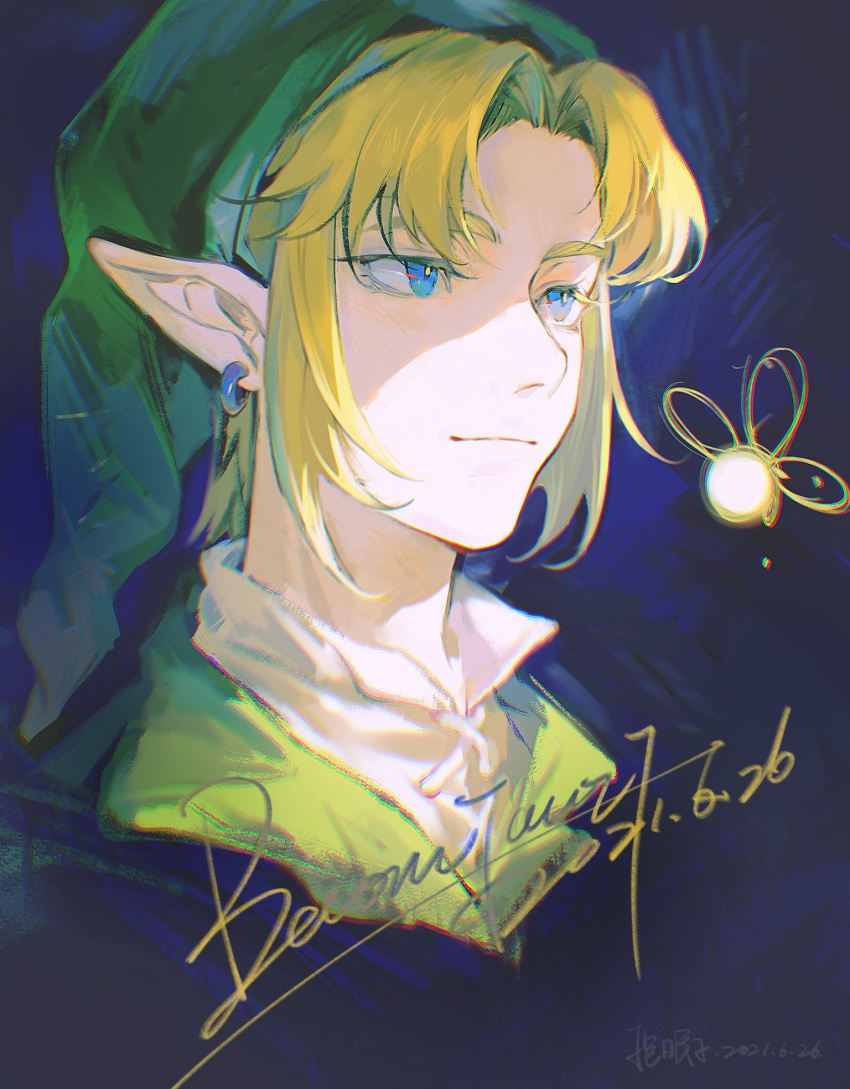 1boy, artist_name, bangs, baomianzi, black_background, blonde_hair, blue_background, blue_eyes
