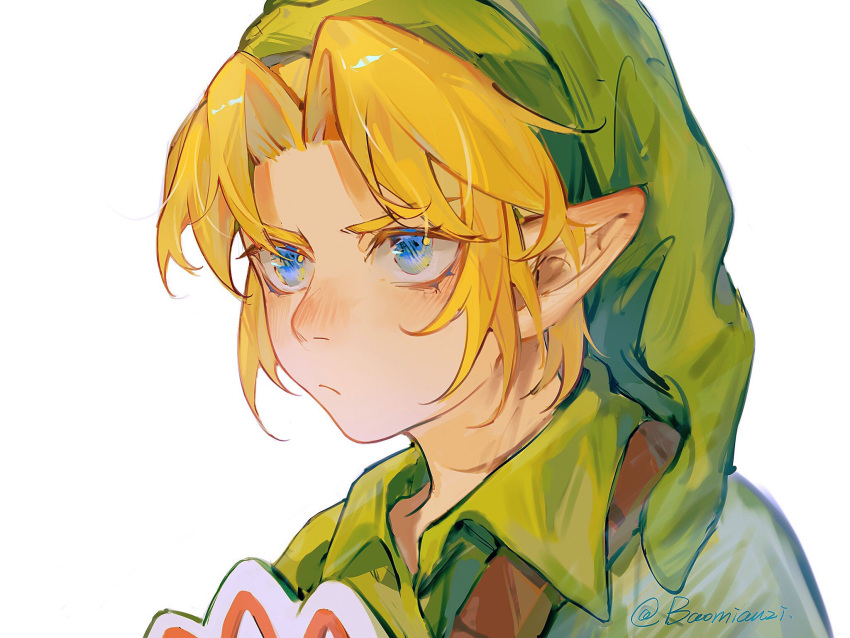 1boy, artist_name, bangs, baomianzi, blonde_hair, blue_eyes, blush, frown