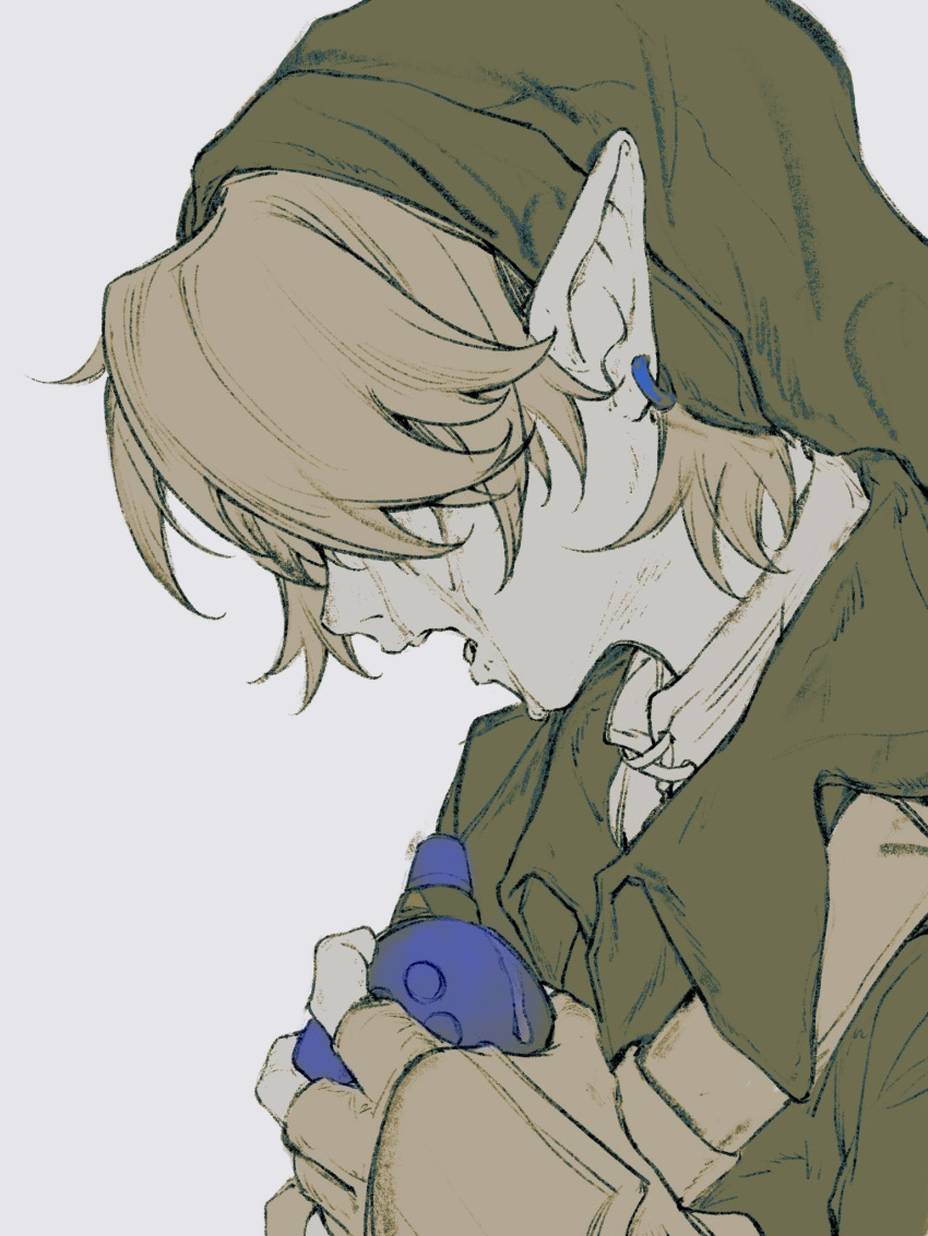 1boy, bangs, baomianzi, crying, earrings, fingerless_gloves, from_side, gloves, green_headwear, green_shirt, grey_background, highres, holding, instrument, jewelry, link, male_focus, ocarina, pointy_ears, profile, shirt, simple_background, solo, tears, the_legend_of_zelda, the_legend_of_zelda:_ocarina_of_time, upper_body