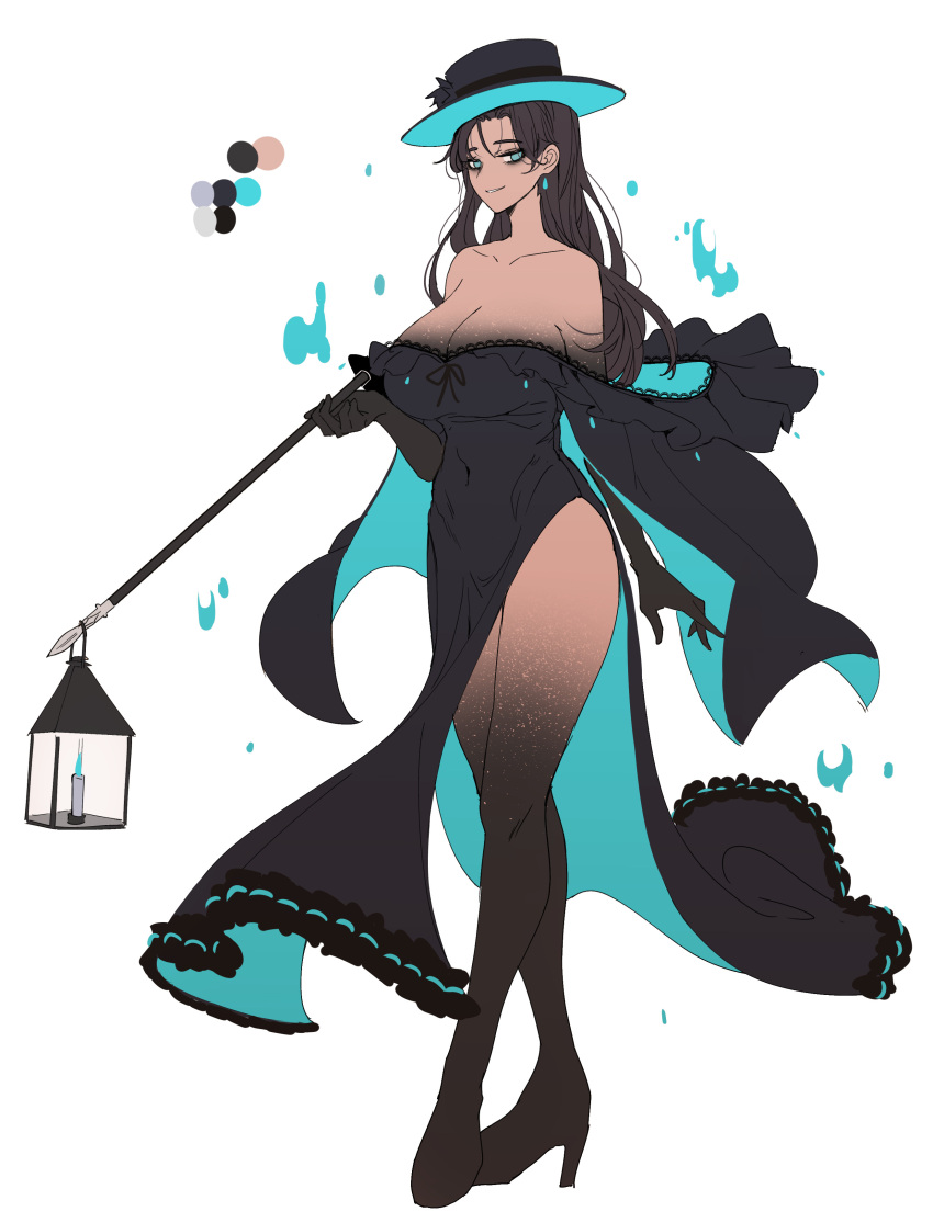 1girl, absurdres, at2., black_dress, black_gloves, blue_eyes, breasts, brown_hair