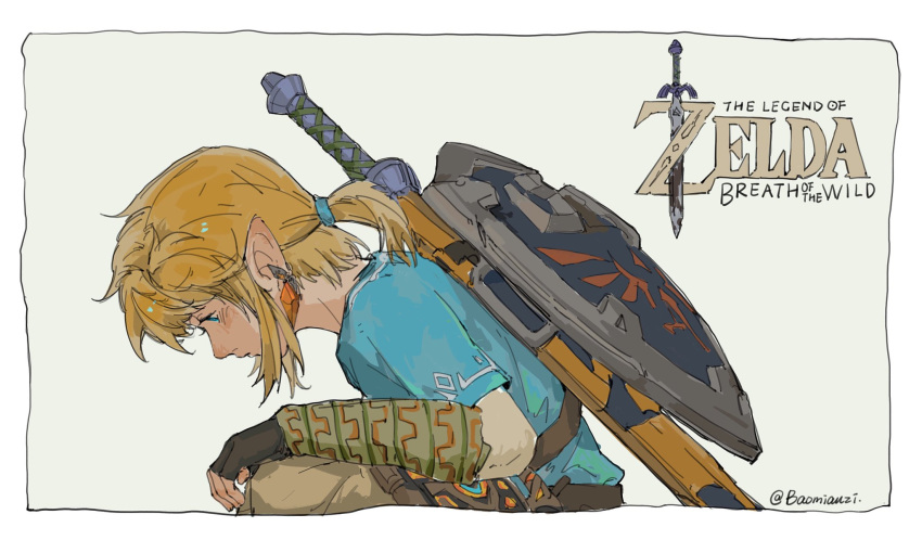 1boy, bangs, baomianzi, blonde_hair, blue_shirt, border, brown_gloves, brown_pants