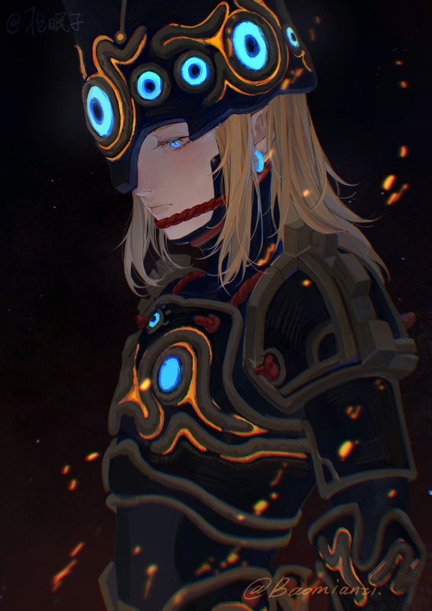 1boy, ancient_set_(zelda), armor, artist_name, bangs, baomianzi, black_background, blonde_hair