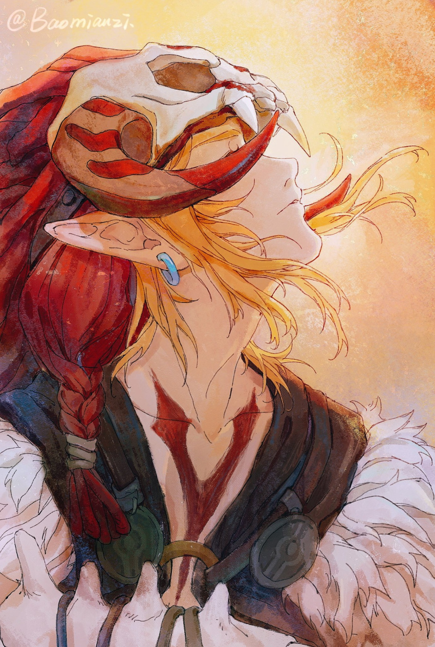 1boy, artist_name, bangs, baomianzi, barbarian_set_(zelda), blonde_hair, braid, collarbone