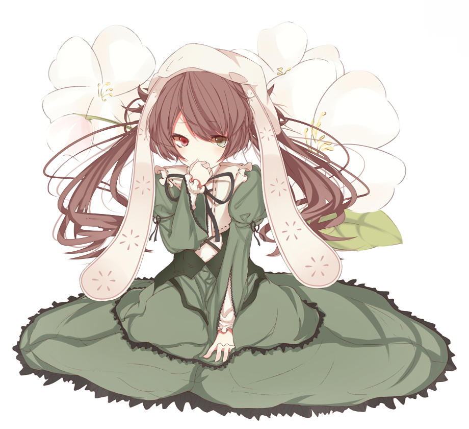 bad_id, brown_hair, dress, flower, hand_over_mouth, long_hair, meet_neet, red_eyes