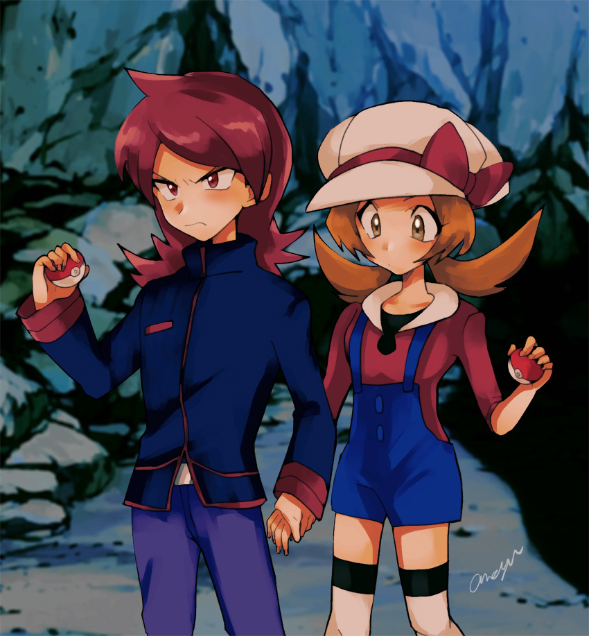 1boy, 1girl, absurdres, amayu_(amaamailust), blue_jacket, blue_overalls, bow, brown_eyes, brown_hair, cabbie_hat, closed_mouth, commentary_request, frown, hat, hat_bow, highres, holding, holding_hands, holding_poke_ball, jacket, long_hair, lyra_(pokemon), pants, poke_ball, poke_ball_(basic), pokemon, pokemon_(game), pokemon_hgss, purple_pants, red_bow, red_eyes, red_shirt, redhead, shirt, signature, silver_(pokemon), standing, thigh-highs, twintails, white_headwear, white_legwear