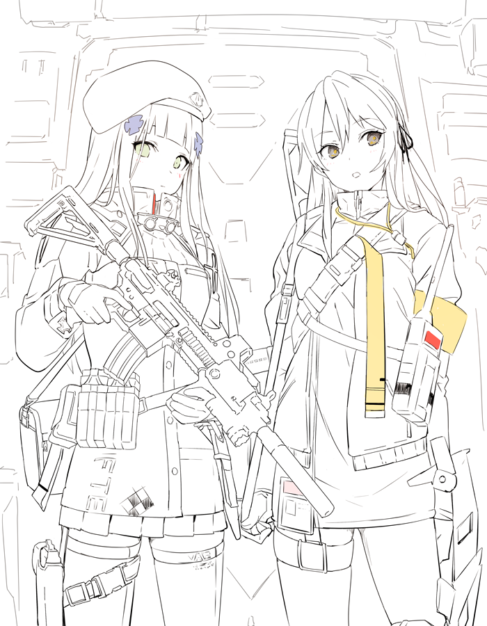 2girls, assault_rifle, bag, beret, girls_frontline, gloves, grenade_launcher, gun
