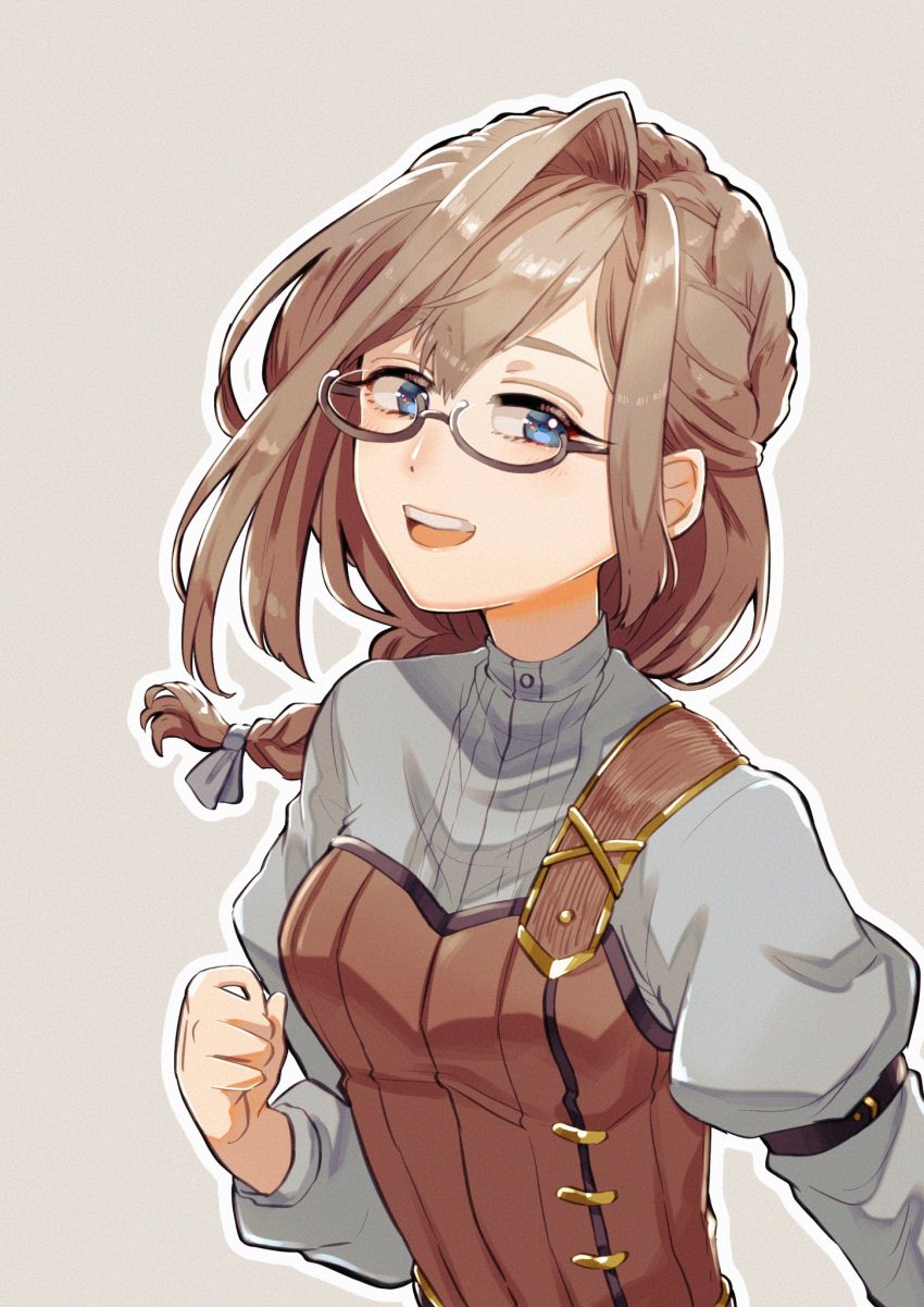 1girl, :d, arm_belt, blue_eyes, braid, brown_hair, dot_nose, glasses
