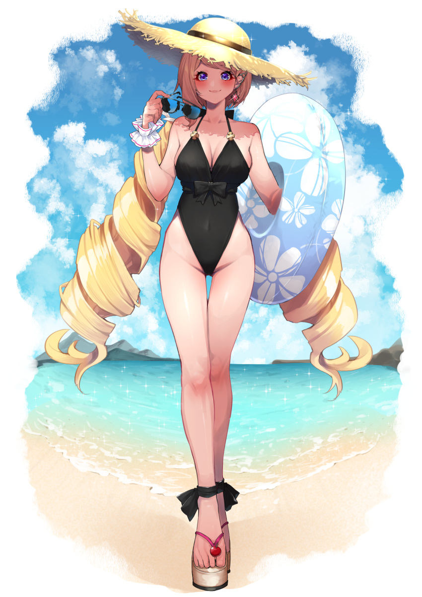 1girl, aki_rosenthal, beach, blonde_hair, blue_sky, breasts, closed_mouth, clouds