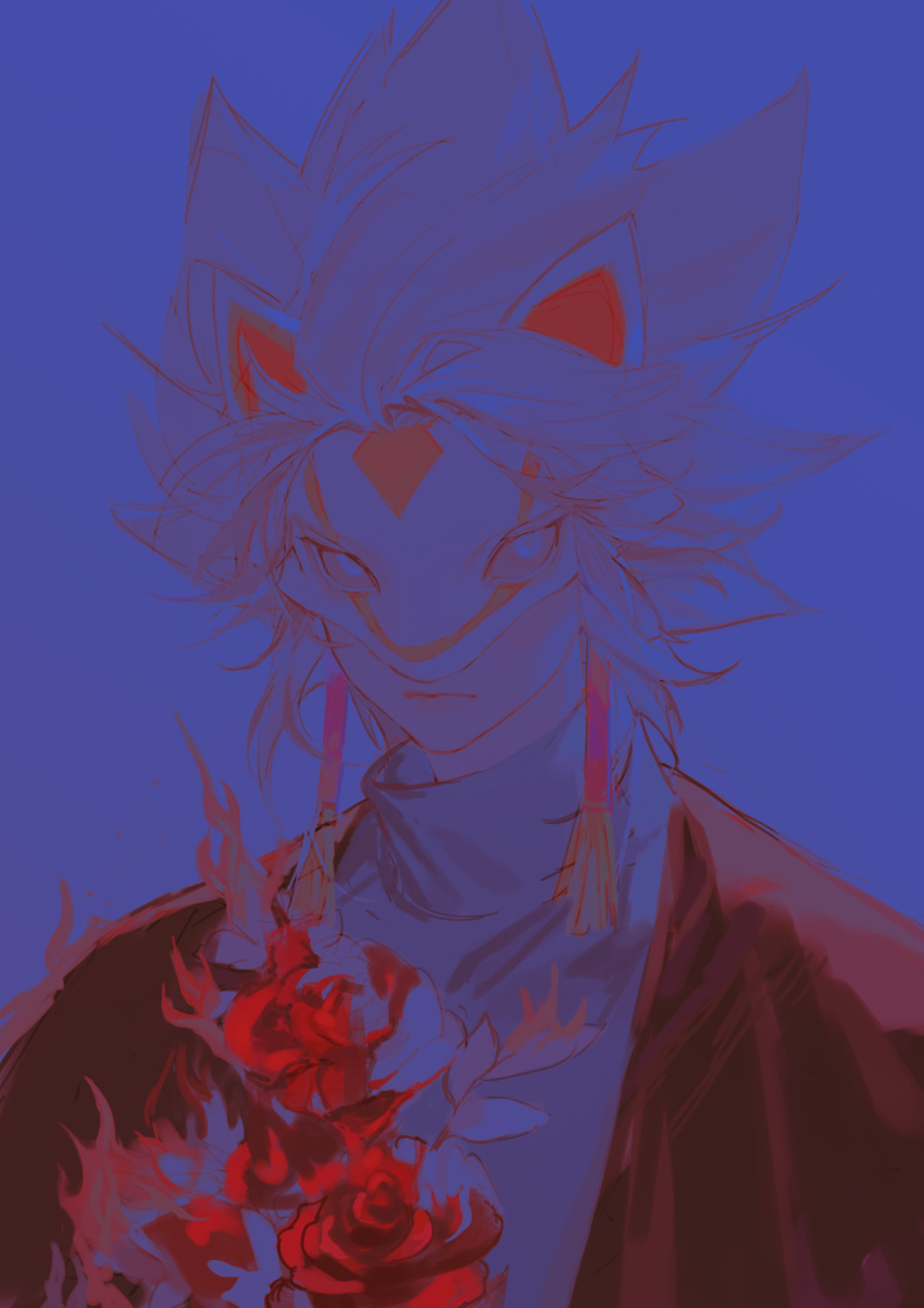 1boy, bowing_medalist, earrings, flower, highres, jewelry, red_flower, red_rose