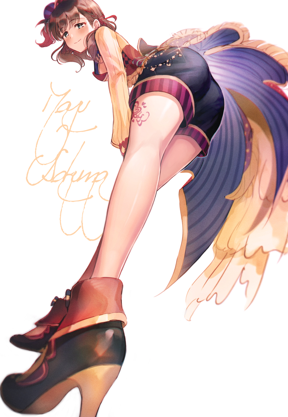 1girl, bare_legs, blurry, blush, bodypaint, braid, brown_hair, character_name, depth_of_field, hair_ribbon, heart, high_heels, highres, idol, idolmaster, idolmaster_cinderella_girls, leaning_forward, legs, long_sleeves, looking_at_viewer, looking_back, looking_down, omisoshiru, popliteal_fossa, puffy_long_sleeves, puffy_sleeves, ribbon, sakuma_mayu, short_hair, shorts, simple_background, smile, solo, white_background