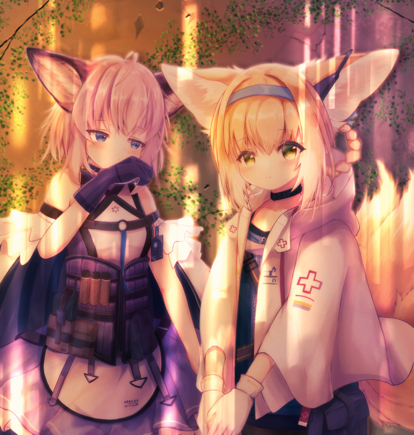 2girls, ahoge, animal_ears, arknights, black_collar, black_legwear, blonde_hair, blue_eyes