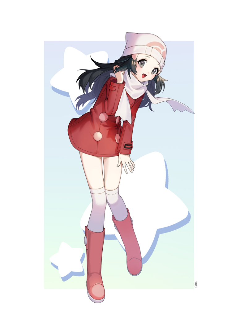 1girl, :d, beanie, black_hair, boots, coat, commentary_request, hikari_(pokemon)