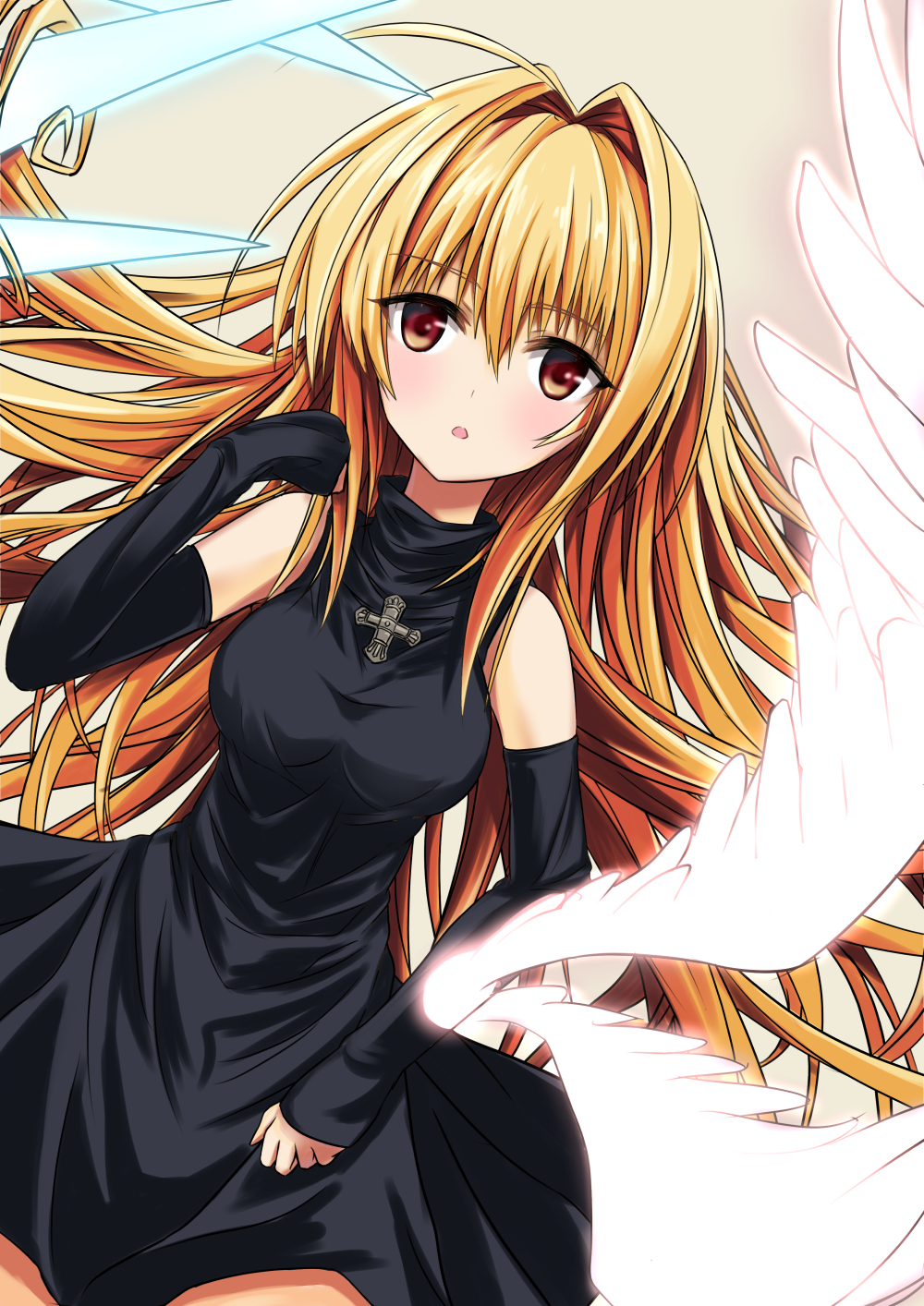1girl, arm_up, black_cat_(series), black_dress, blonde_hair, breasts, detached_sleeves, dress