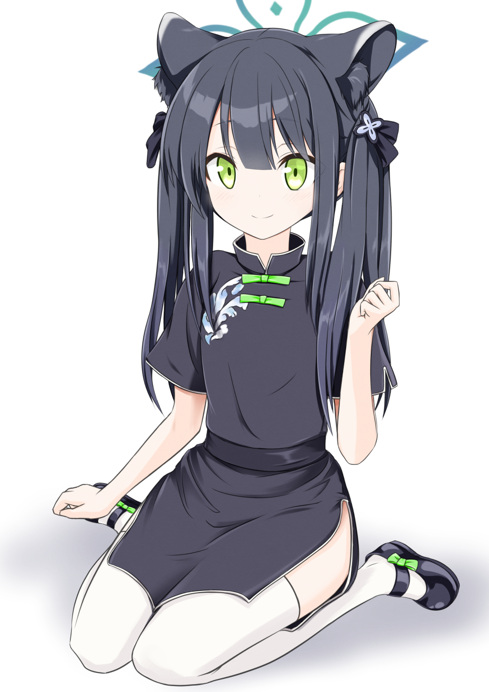 1girl, animal_ear_fluff, animal_ears, bangs, black_dress, black_footwear, black_hair, blue_archive, blunt_bangs, china_dress, chinese_clothes, dress, highres, long_hair, mary_janes, reon_(mrwv3733), ribbon, shoes, short_sleeves, shun_(blue_archive), simple_background, sitting, smile, solo, thigh-highs, tiger_ears, twintails, white_background, white_legwear