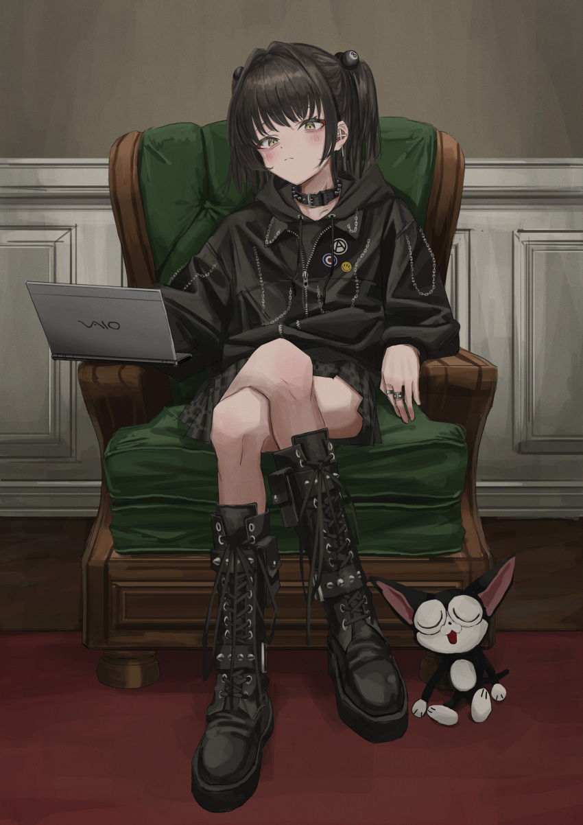 1girl, absurdres, armchair, black_footwear, black_hair, black_hoodie, blush, chair