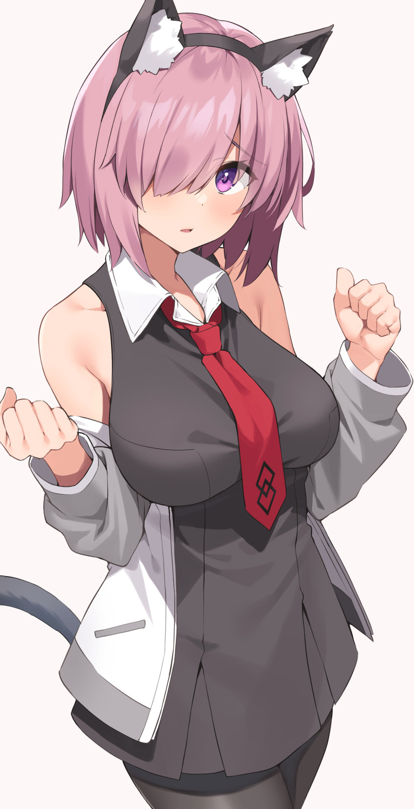 1girl, absurdres, animal_ears, bangs, black_dress, black_legwear, breasts, cat_ears, cat_tail, dress, fate/grand_order, fate_(series), grey_jacket, hair_over_one_eye, highres, jacket, large_breasts, light_purple_hair, long_sleeves, looking_at_viewer, mash_kyrielight, necktie, off_shoulder, open_clothes, open_jacket, pantyhose, revision, short_hair, solo, suiroh_(shideoukami), tail, thighs, violet_eyes