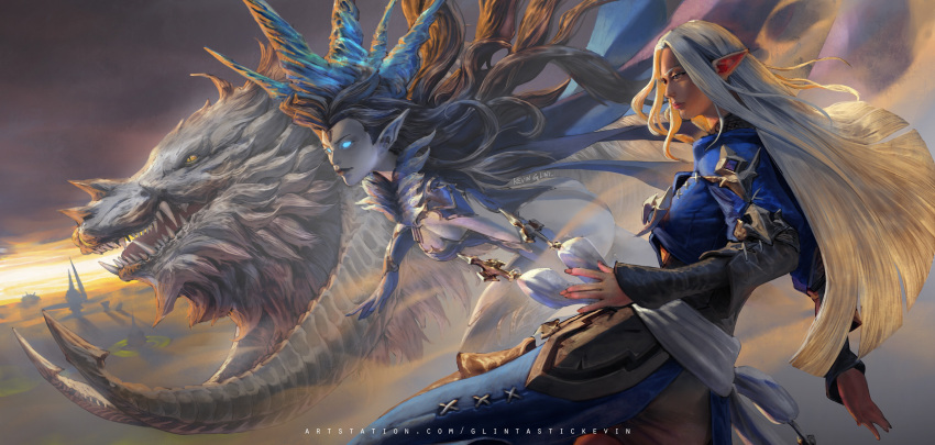 2girls, artist_name, artstation_username, ass, blue_dress, blue_skin, breasts, colored_skin
