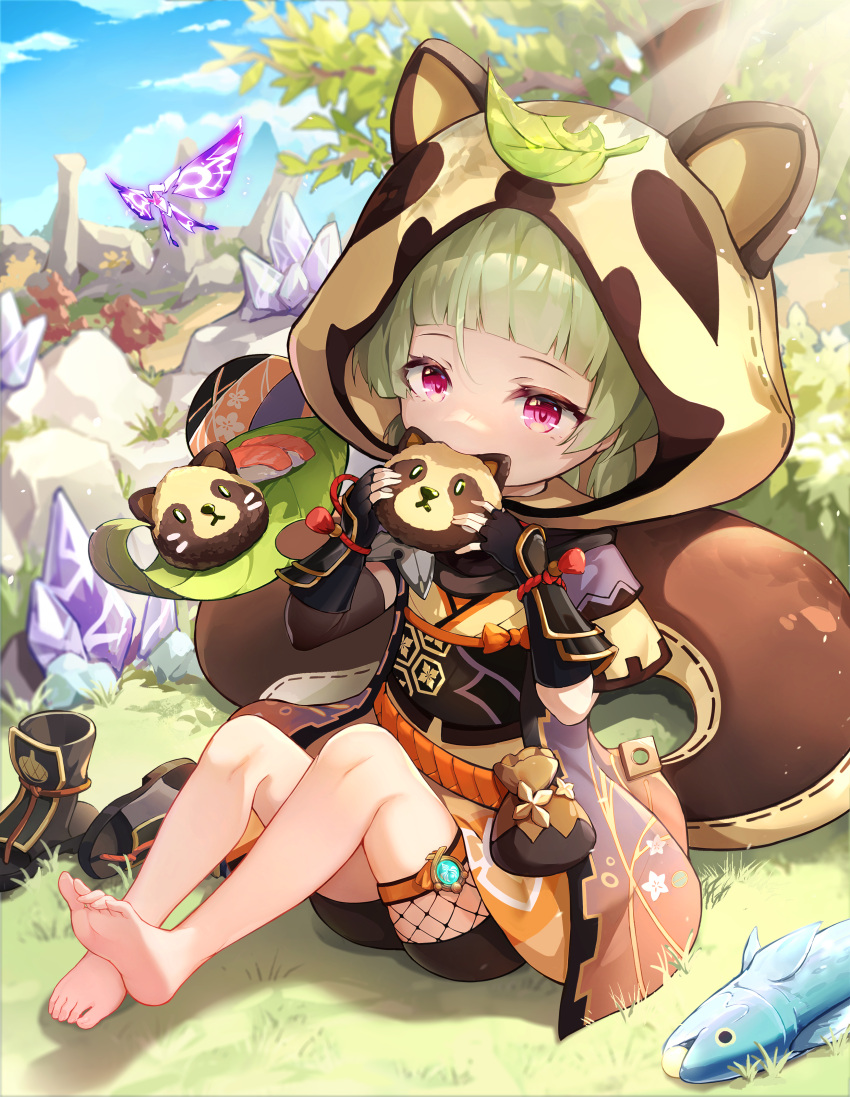 1girl, absurdres, animal_ears, bangs, barefoot, bike_shorts, blue_sky, blunt_bangs