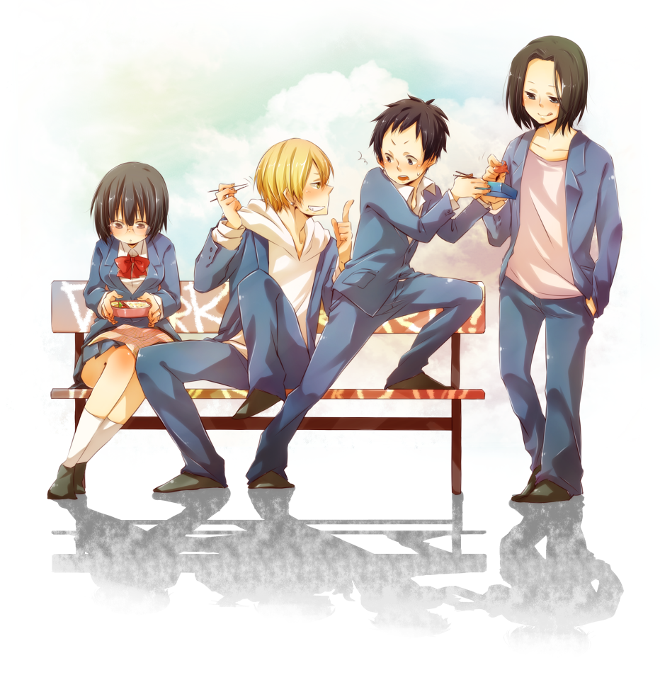 blonde_hair, blue_eyes, bob_cut, breasts, chopsticks, durarara!!, glasses, kida_masaomi, large_breasts, obento, obentou, pleated_skirt, red_eyes, rim2, ryuugamine_mikado, school_uniform, short_hair, skirt, sonohara_anri, sweat, takiguchi_ryou, tongue, yellow_eyes