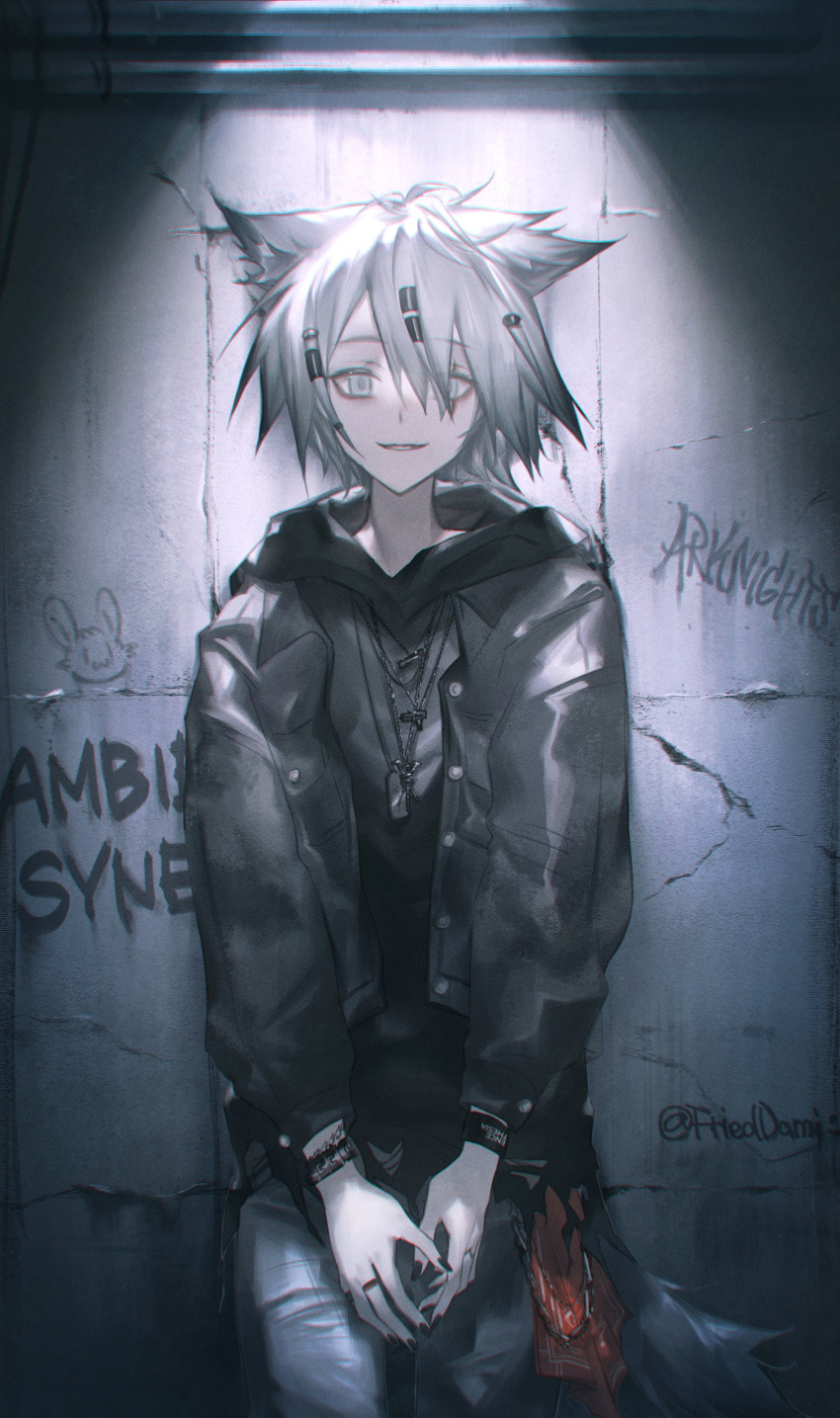 1girl, absurdres, ambience_synesthesia, animal_ears, arknights, bracelet, copyright_name, english_text
