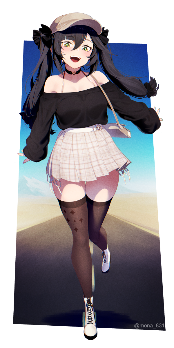 1girl, asymmetrical_bangs, bangs, bare_shoulders, black_hair, black_legwear, black_sweater, blue_sky