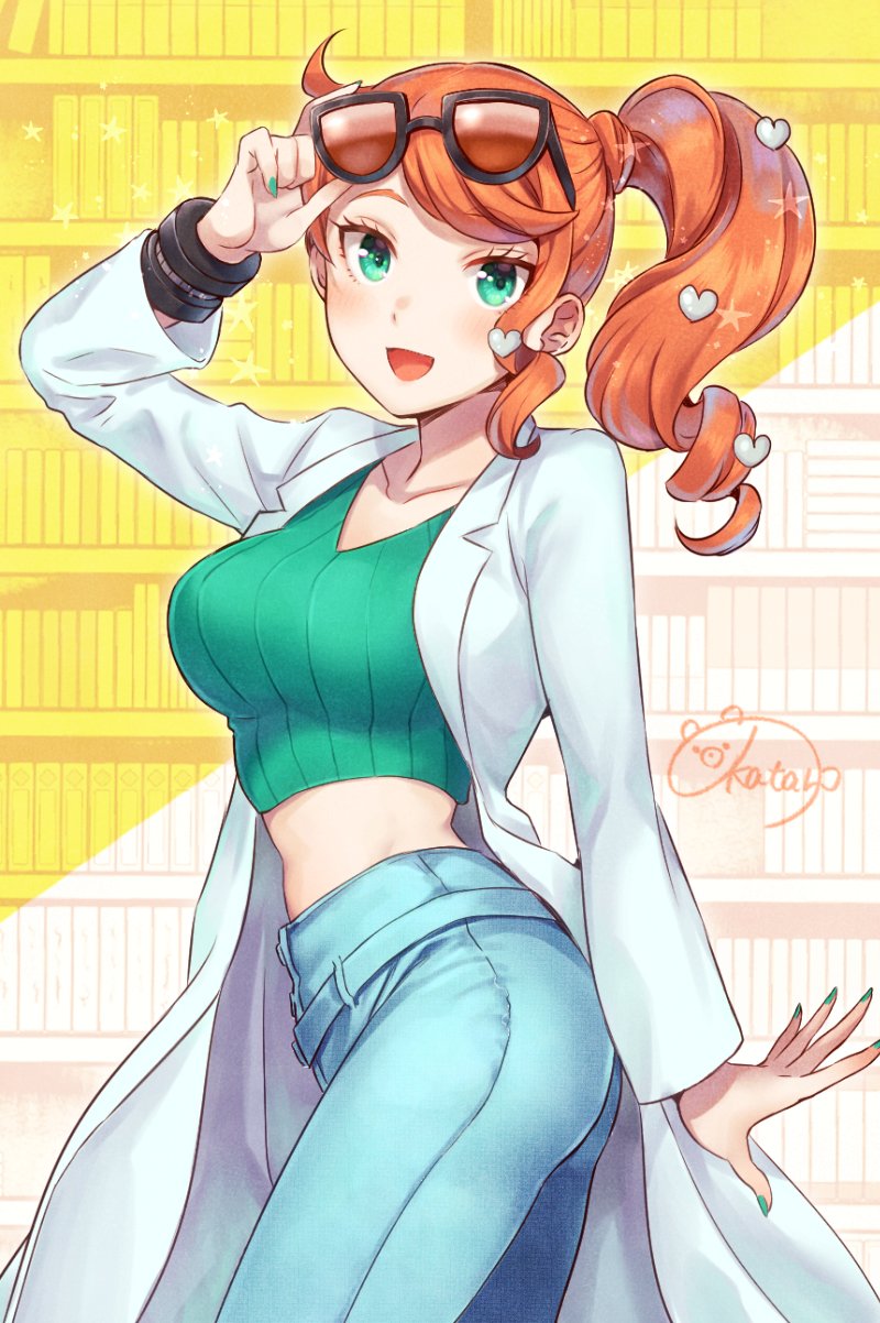 1girl, :d, adjusting_eyewear, blush, bracelet, breasts, collarbone, commentary_request