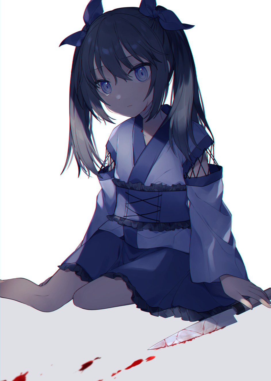 1girl, bangs, black_hair, blood, blood_on_face, blood_on_knife, blue_eyes, blue_ribbon
