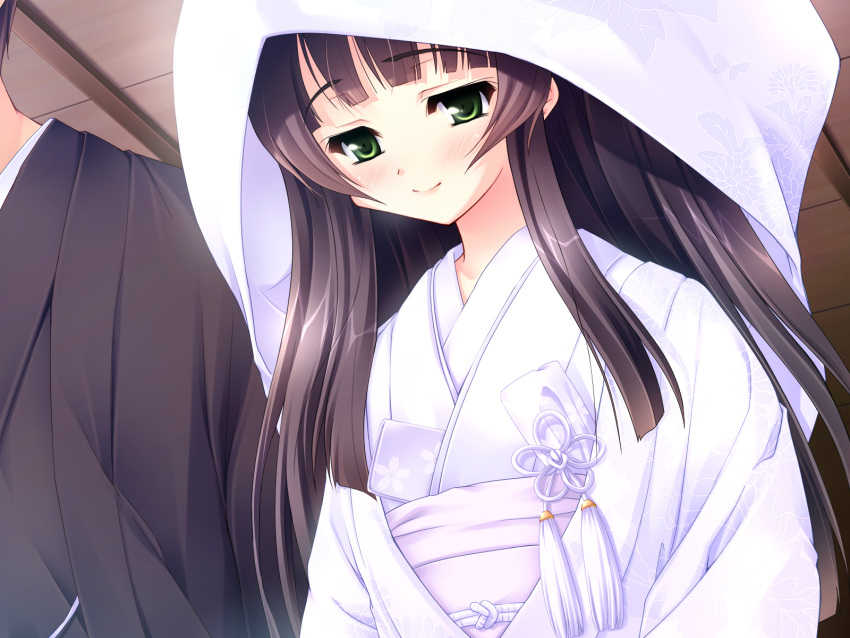 black_hair, blush, bride, couple, dress, formal, green_eyes, highres, japanese_clothes, kimono, kiss_yori_saki_ni_koi_yori_hayaku, long_hair, skyfish, smile, tougarashi_hideyu, uchikake, wedding, wedding_dress, wedding_kimono